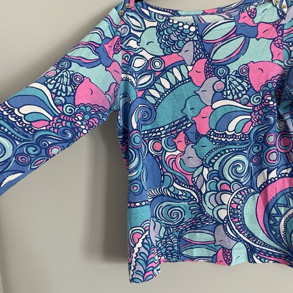 Lilly Pulitzer Women L Alida Boatneck 3/4 Sleeve Top Multi Sea Jewels Blue Pink - Picture 3 of 14